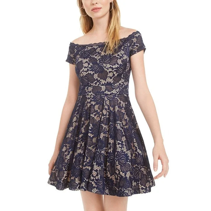 Comfortable Mind B. Darlin Womens Lace Overlay Short Fit & Flare Dress Navy Size 1-2