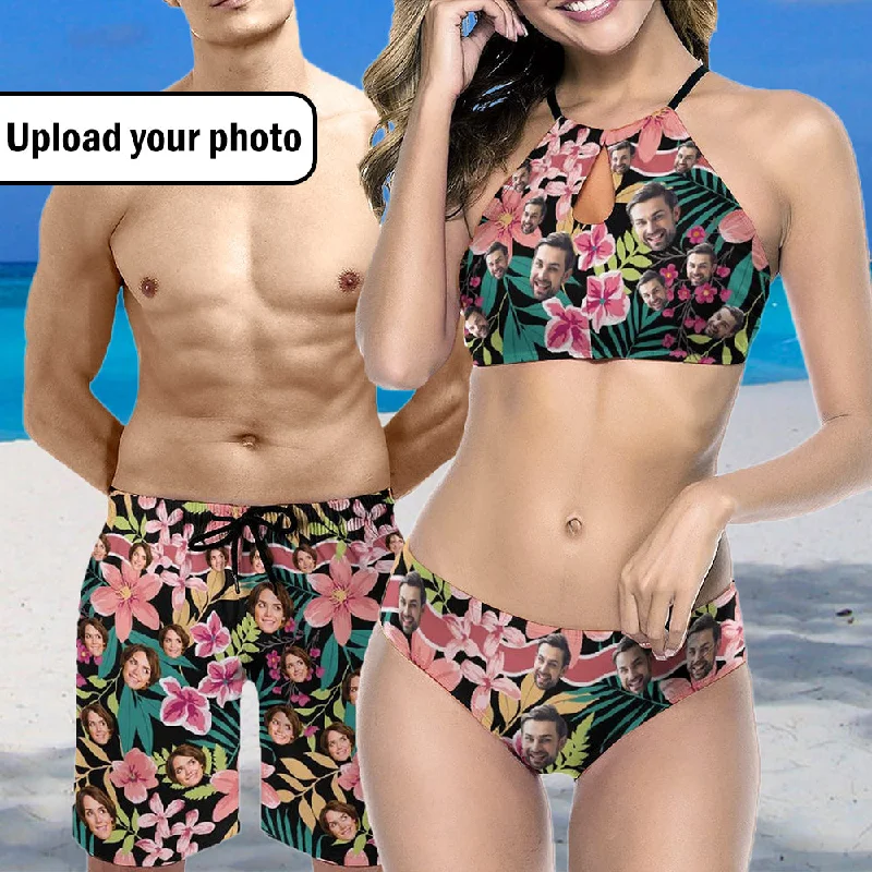 Free And Comfortable Couple Matching Swimwear Personalized Bikini & Swim Shorts Custom Face High Neck Cutout High Waisted Bikini Independence Day