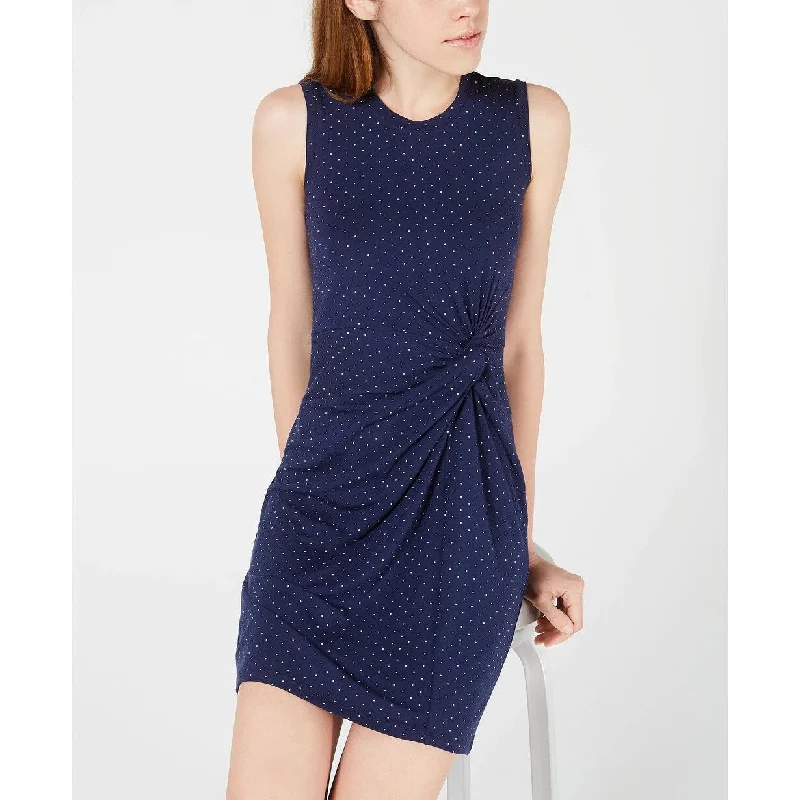 Classic Color Maison Jules Women's Navy Knot-Waist Polka Dot Sleeveless Jewel Neck Mini Sheath Dress Navy Size X-Large