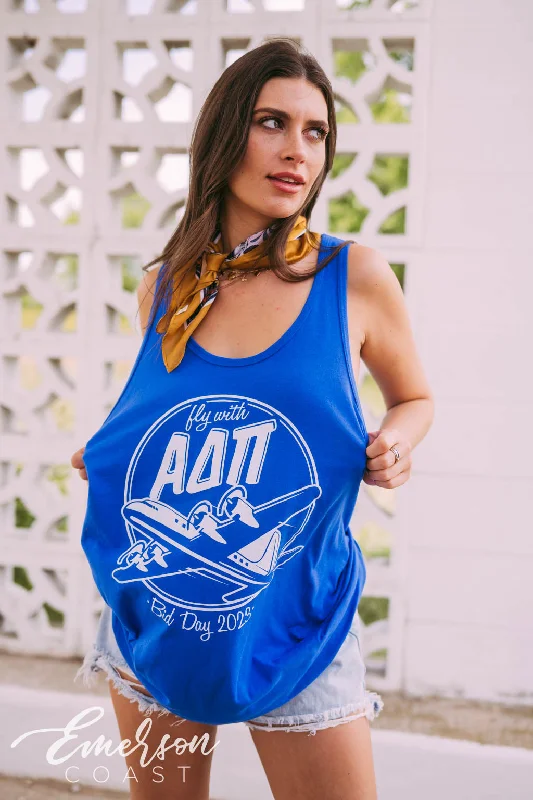 High-waisted pants style ADPi Fly First and Finest Bid Day Tank