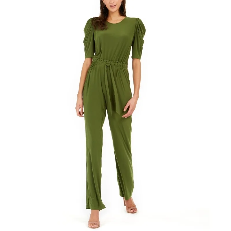 Easygoing Fashion NY Collection Women's Tie Front Puff Sleeve Jumpsuit Green Size Petite Medium