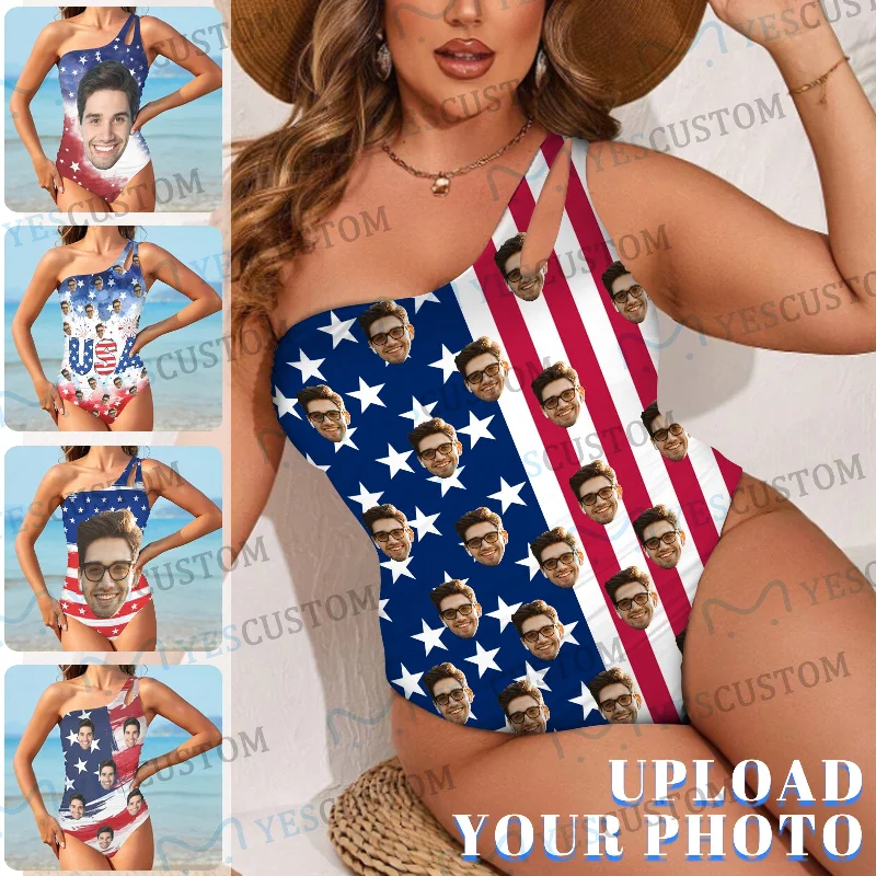 Practical Style #Flagbathingsuit-4th of July Custom Face American Flag Style Women's One Shoulder Keyhole One Piece Swimsuit Custom Picture Bathing Suit
