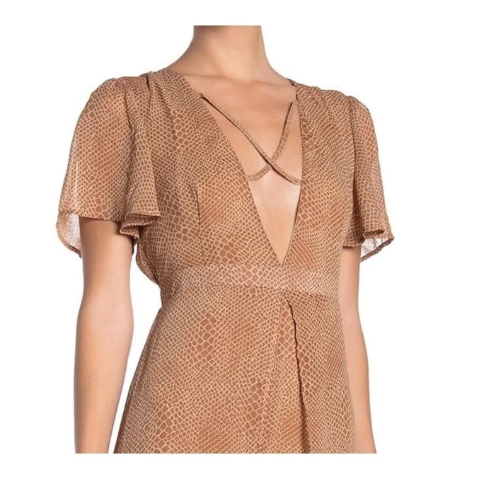 Exquisite Craftsmanship Material Girl Women's Animal Print Cap Sleeve V Neck Midi Hi Lo Cocktail Dress Brown Size Large