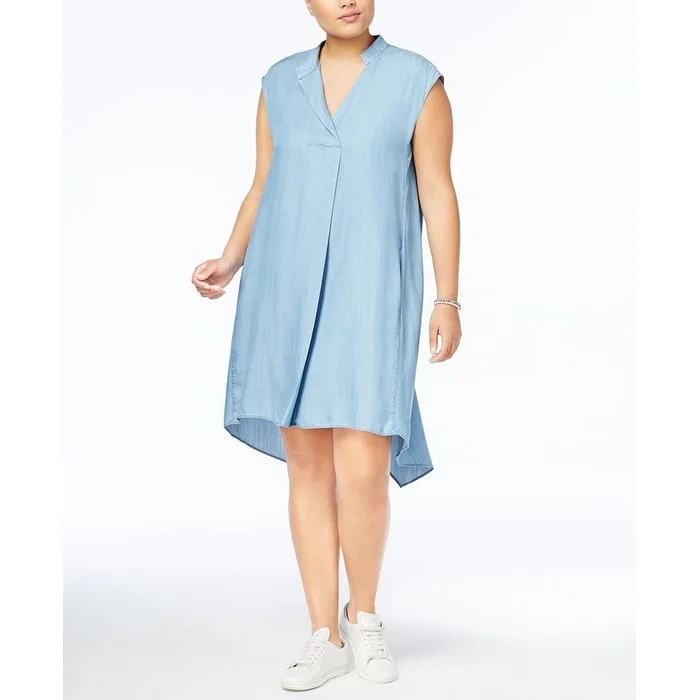Unique Prints Rachel Roy Women's Cotton Chambray Shift Dress Blue Size 0X