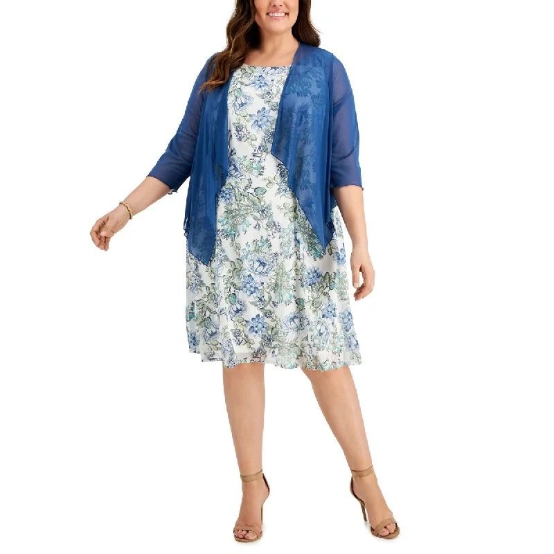 Fashion Expert Connected Women's Printed Dress And Mesh Jacket Blue Size 22W