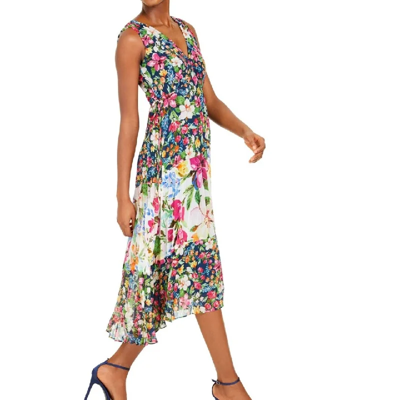 Slim Fit Taylor Women's Pleated Floral Print Midi Sheath Dress Blue Size 4