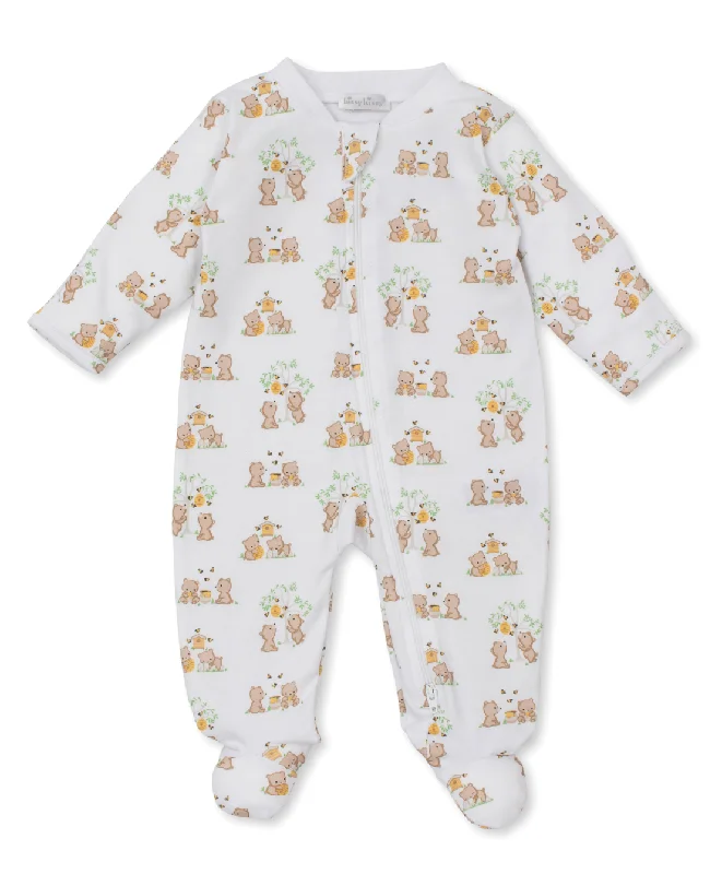 Trendy Comfort Kissy Kissy Zip Footie in Honey Bear Club Print