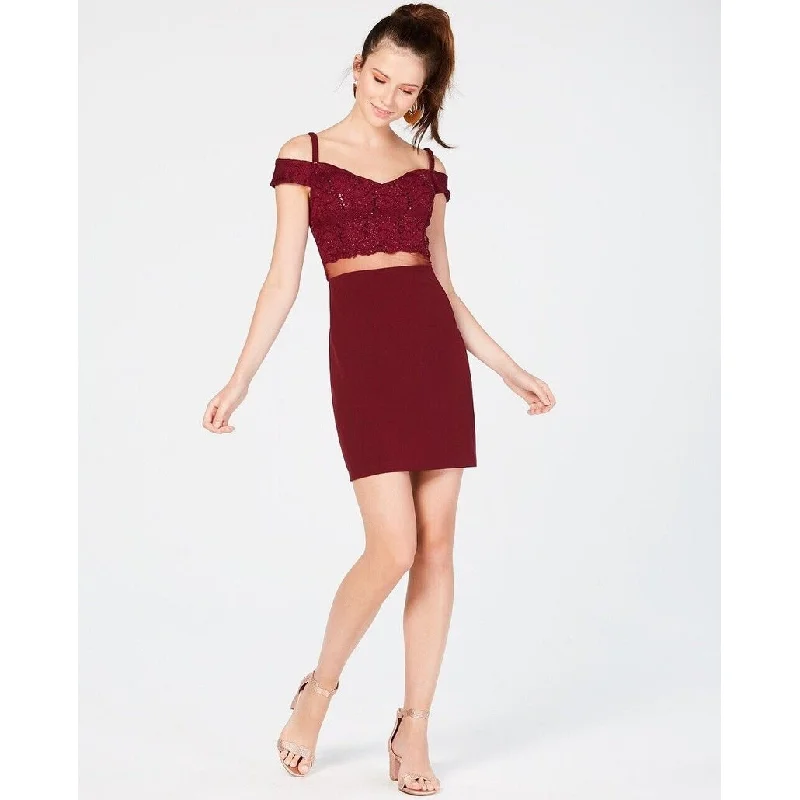 Lounge Chic Teeze Me Juniors' Sequined Lace Illusion Dress Wine Size 7