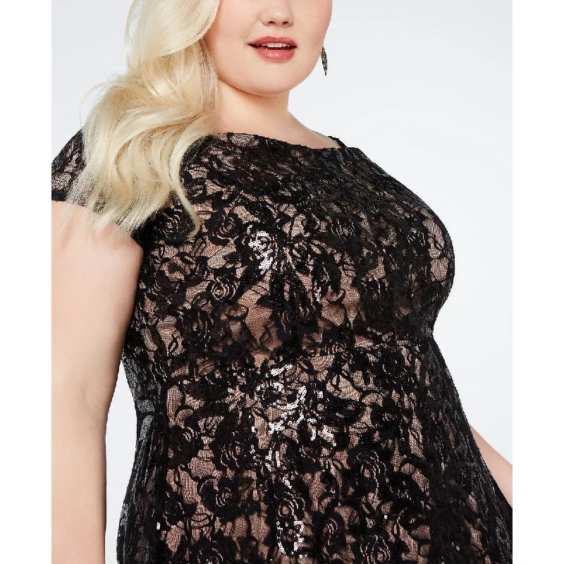 Loose Fit R & M Richards Women's Embroidered Short Sleeve Off Shoulder Above The Knee Hi Lo Cocktail Dress Black Size 14W