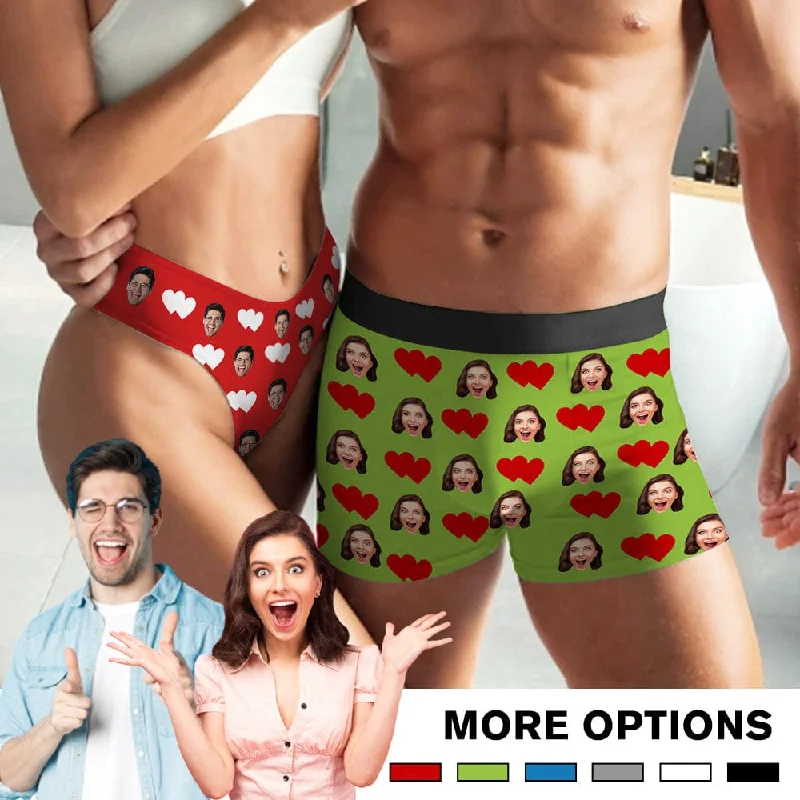 Round neck design Custom Face Love Heart Couple Underwear Personalized Women's Classic Thong&Men's Waistband Boxer Briefs For Couple Valentine's Day Gift