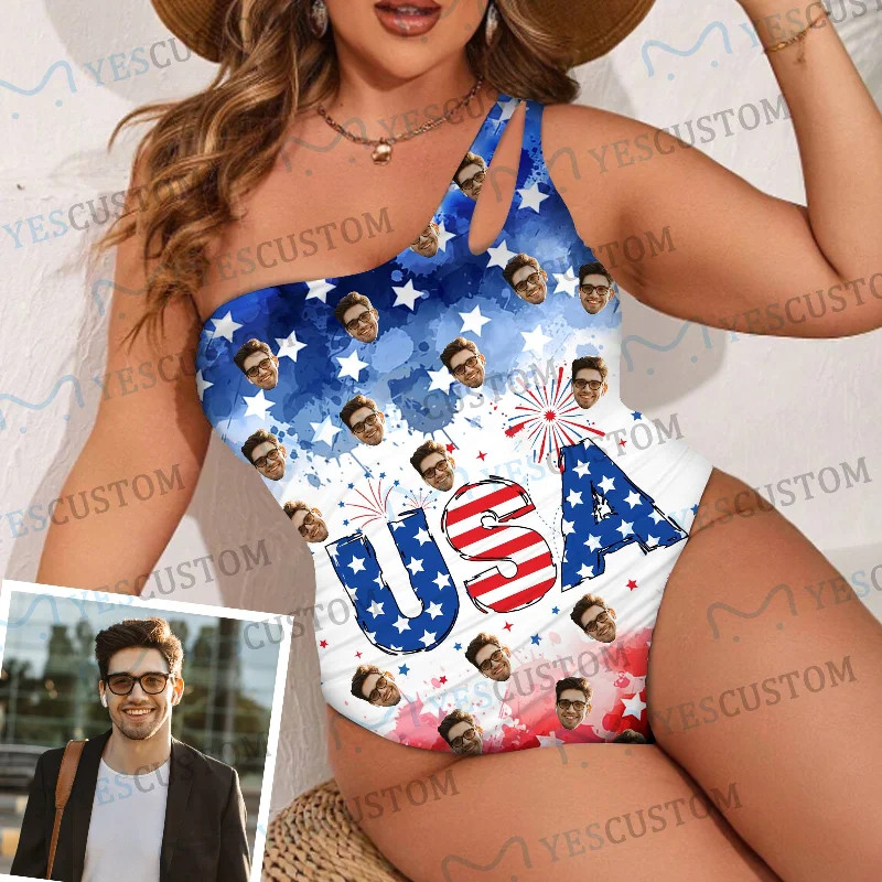 Relaxed Dresses Custom Face Fireworks USA Flag Women's One Shoulder Keyhole One Piece Swimsuit Custom Picture Bathing Suit