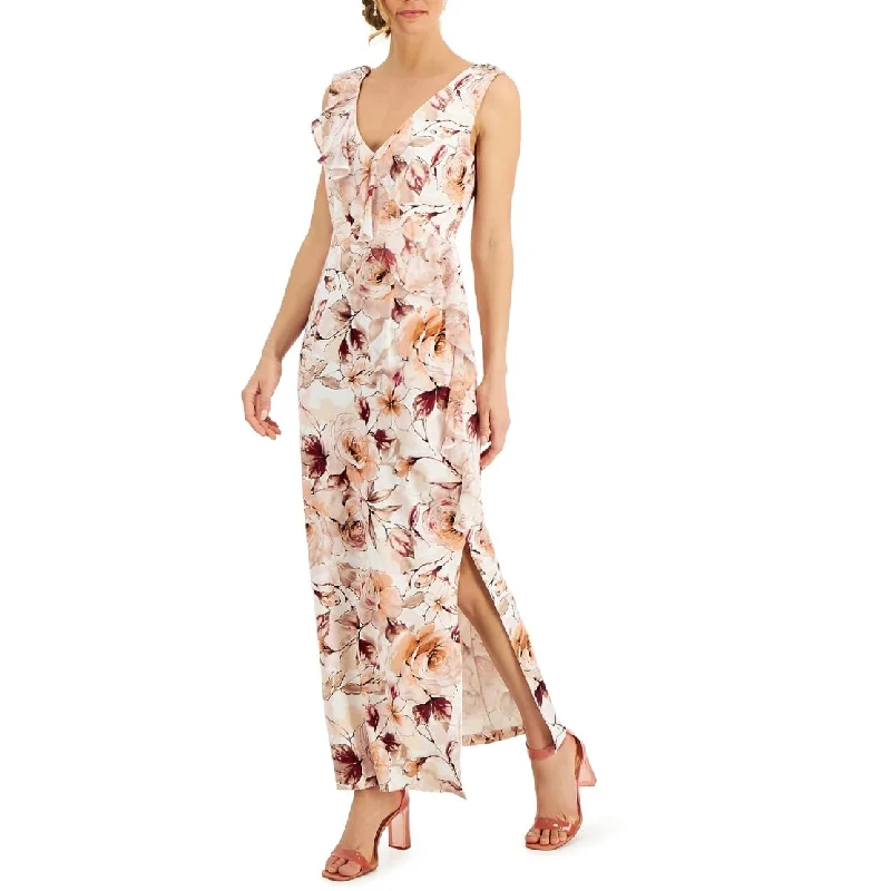 Cool Summer Connected Women's Floral Sleeveless V Neck Maxi Cocktail Dress Brown Size 4
