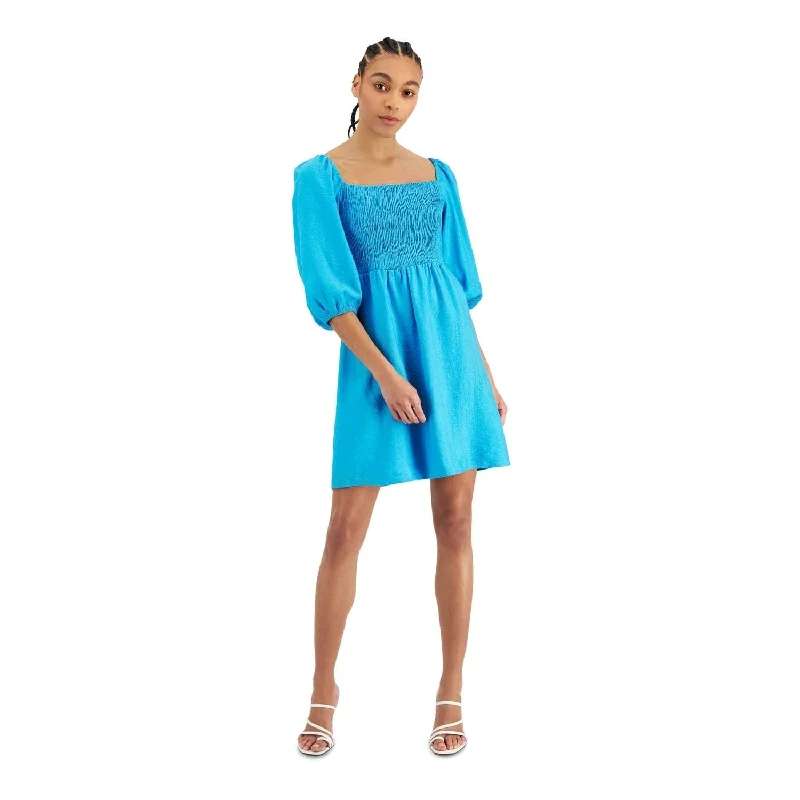 Printing decoration Bar Iii Women's Puff Sleeve Smocked Dress Blue Size X-Small