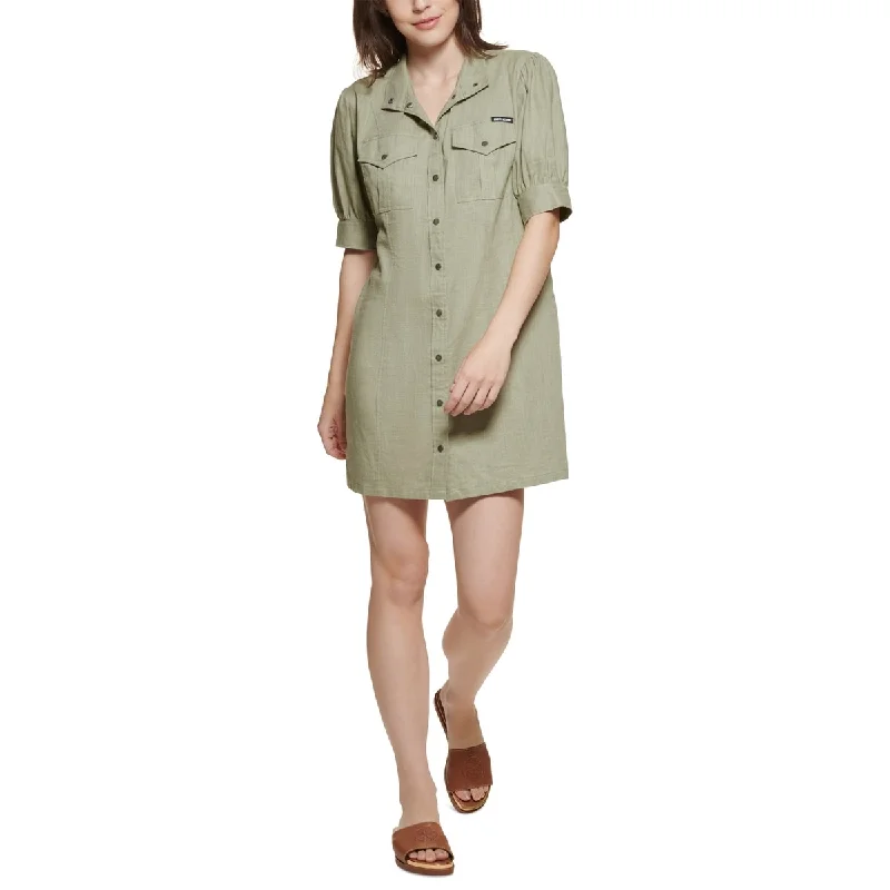 Urban Style DKNY Women's Puff Sleeve Snap FronT-Shirt Dress Green Size Medium