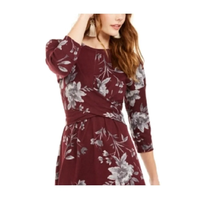Classic Design Bebop Women's Twist Front Floral 3/4 Sleeve Jewel Neck Short Fit Flare Dress Wine Size Large