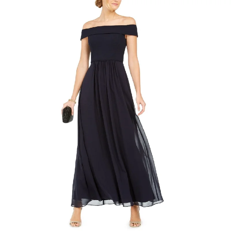 Cozy Look Adrianna Papell Women's Off The Shoulder Chiffon Gown Blue Size 6