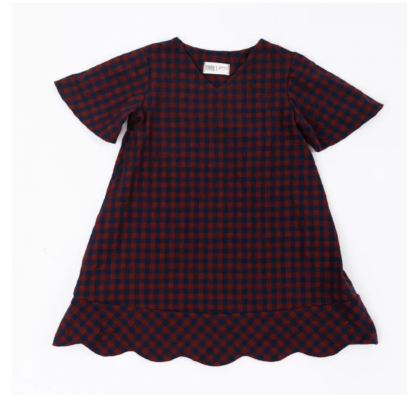 Youthful Street Fashion Thimble Scalloped Dress in Rust Gingham