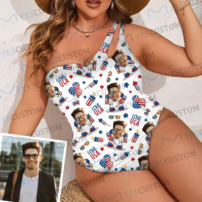 Comfy Pants Custom Love USA Women's One Shoulder Keyhole One Piece Swimsuit Custom Picture Bathing Suit