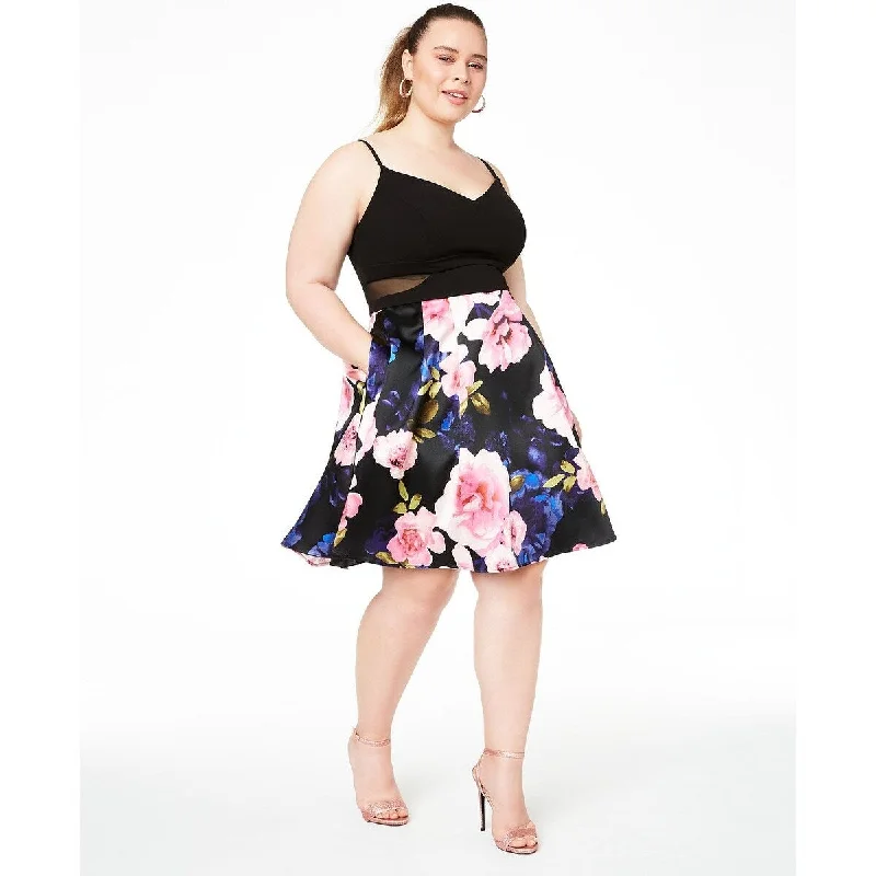 Stylish Ease B Darlin Women's Floral Spaghetti Strap V Neck Short Fit Flare Party Dress Black Size 18