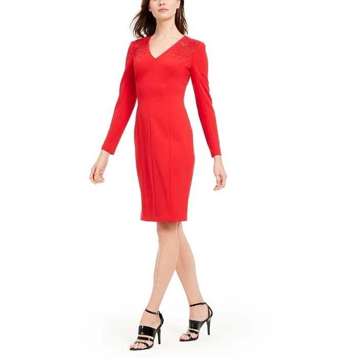 Unique Design Calvin Klein Women's Long Sleeve Knee Length Sheath Party Dress Red Size 6