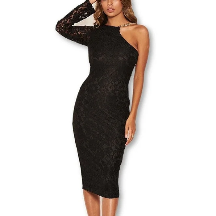 Age-reducing Style AX Paris Women's Lace One Shoulder Chain Detail Dress Black Size 13