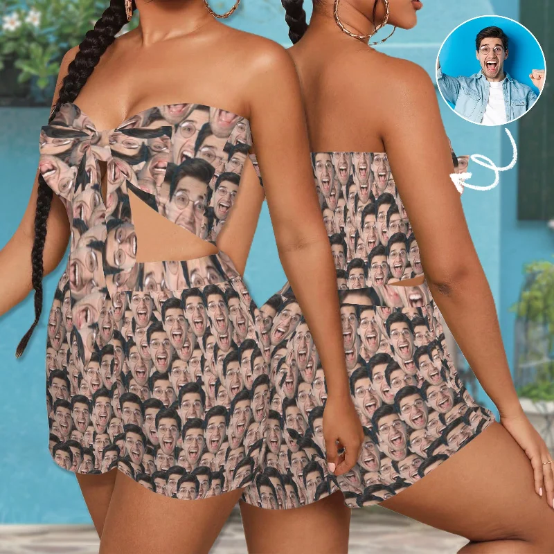 Boutique display Custom Face Seamless Personalized Women's Tie Front Tube Top & Shorts Set