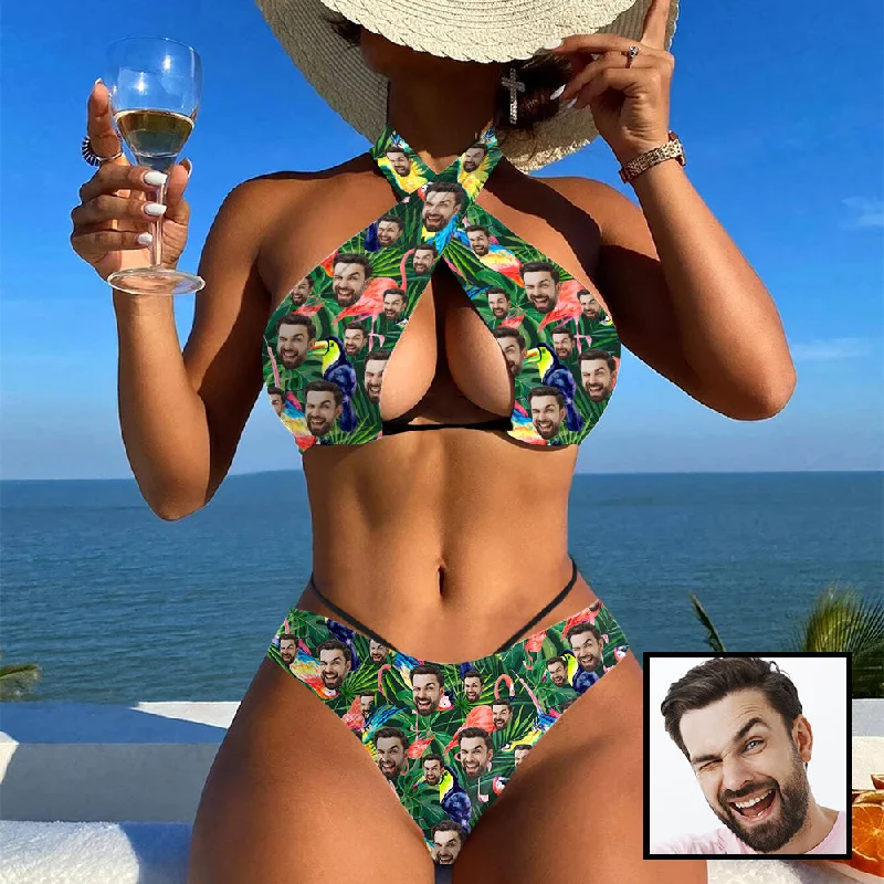 High-quality Fabrics Custom Face Flamingo Bikini Personalized Women's Crossover Halterneck Bikini Set Swimsuit Bathing Suit