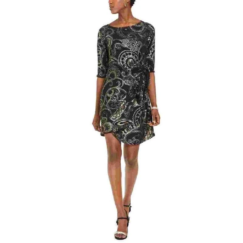 Practical Style Robbie Bee Women's Printed Jewel Neck Cocktail Dress Black Size Petite Small