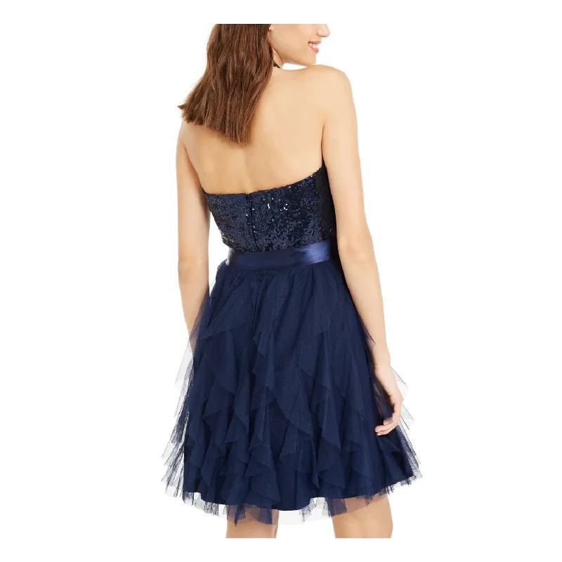 Retro Lace Fabric Teeze Me Women's Sequined Mini Halter Dress Blue Size 1