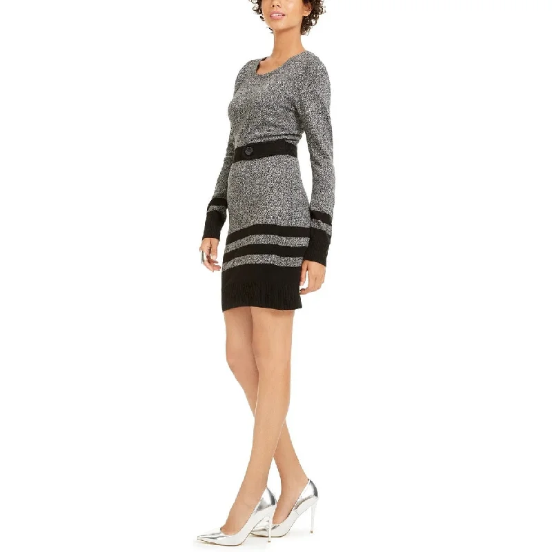 Advanced Customization Bcx Juniors' Striped Button-Tab Sweater Dress Gray Size Small