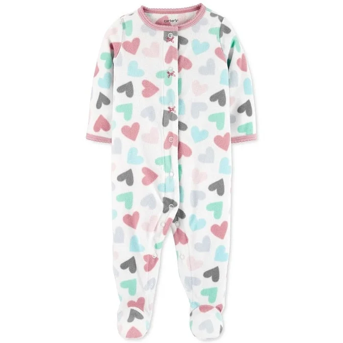 French Style Carter's Baby Girl's Hearts Fleece Sleep 'N' Play Footed Coveralls White Size 9MOS - 9 Months