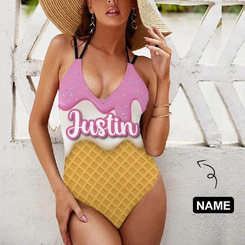 Minimal Style Custom Name Ice Cream Swimsuit Personalized Women's V-neck One Piece Bathing Suit For Her