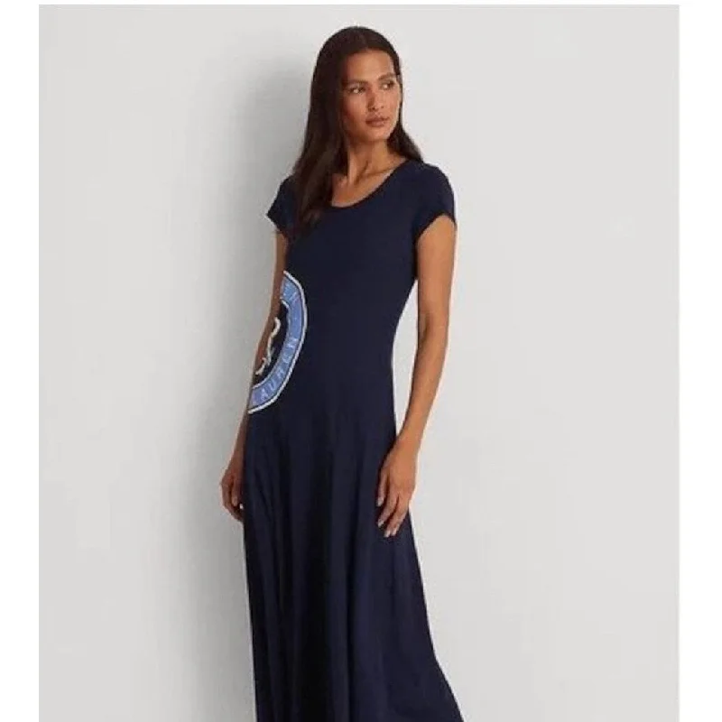 Street Sports Style Ralph Lauren Women's Short Sleeve Crew Neck Tea Length Fit Flare Dress Blue Size X-Small