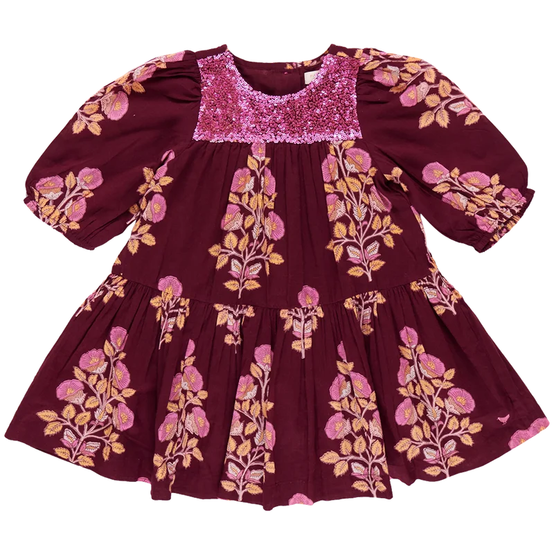 Loose Fit Pink Chicken Fiona Dress in Burgundy Bouquet Floral