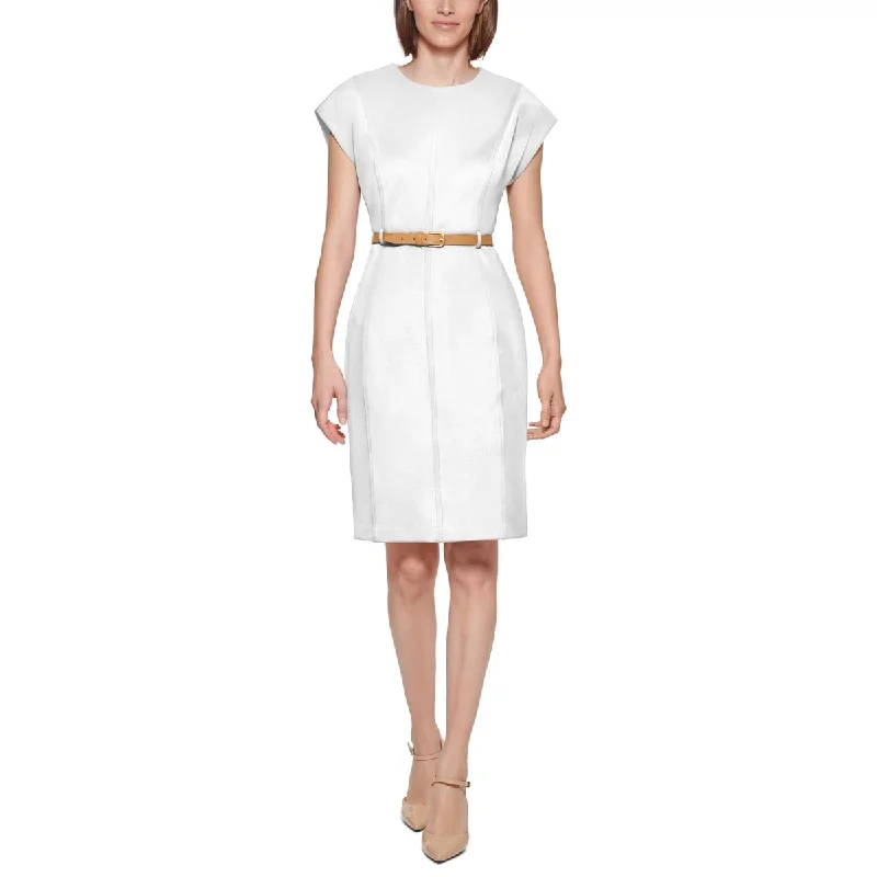 Layered Comfort Calvin Klein Women's Belted Sheath Dress White Size 16