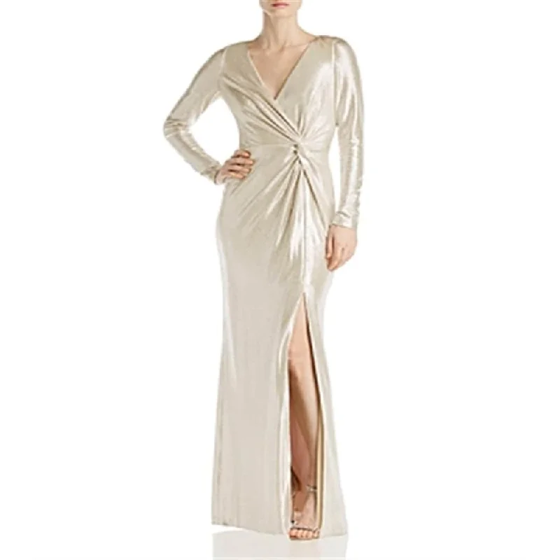 Comfortable Fashion Eliza J. Women's Shimmering Matalic Long Sleeve V Neck Maxi Sheath Formal Dress Gold Size 8