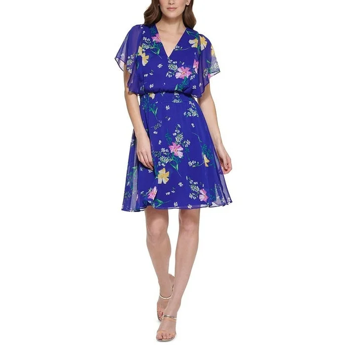 Ethnic Style Dkny Women's Smocked Waist V Neck Dress Blue Size 2