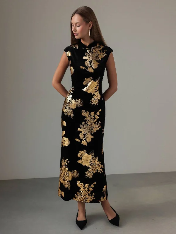 Fashionable and casual Floral Gold-Print Dress