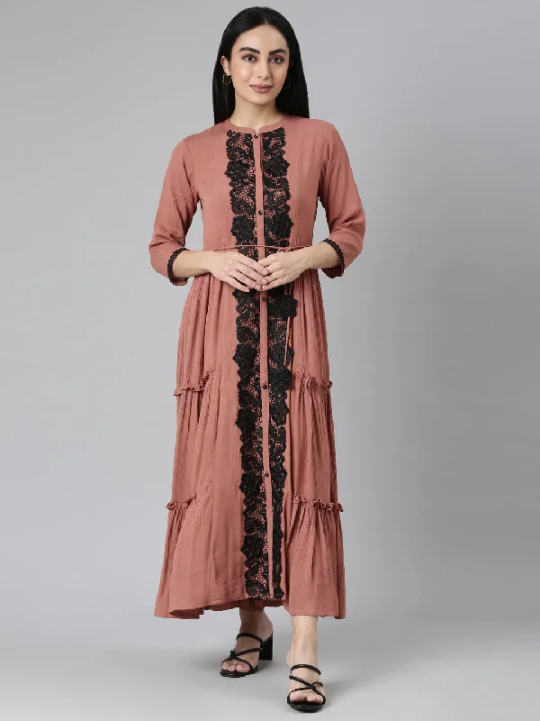 Comfortable Looks Neerus Brown Flared Casual Solid Maxi Dresses
