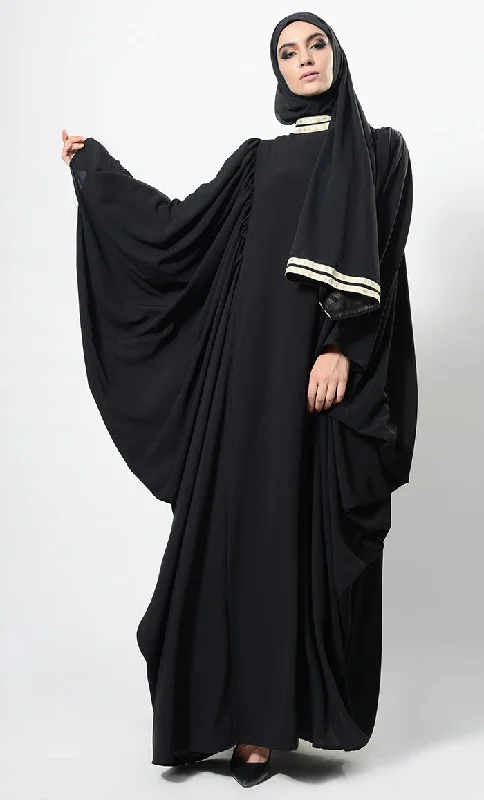 Chic Outfits Contrast Lace Work Cowl Sleeves Abaya Dress And Hijab Set