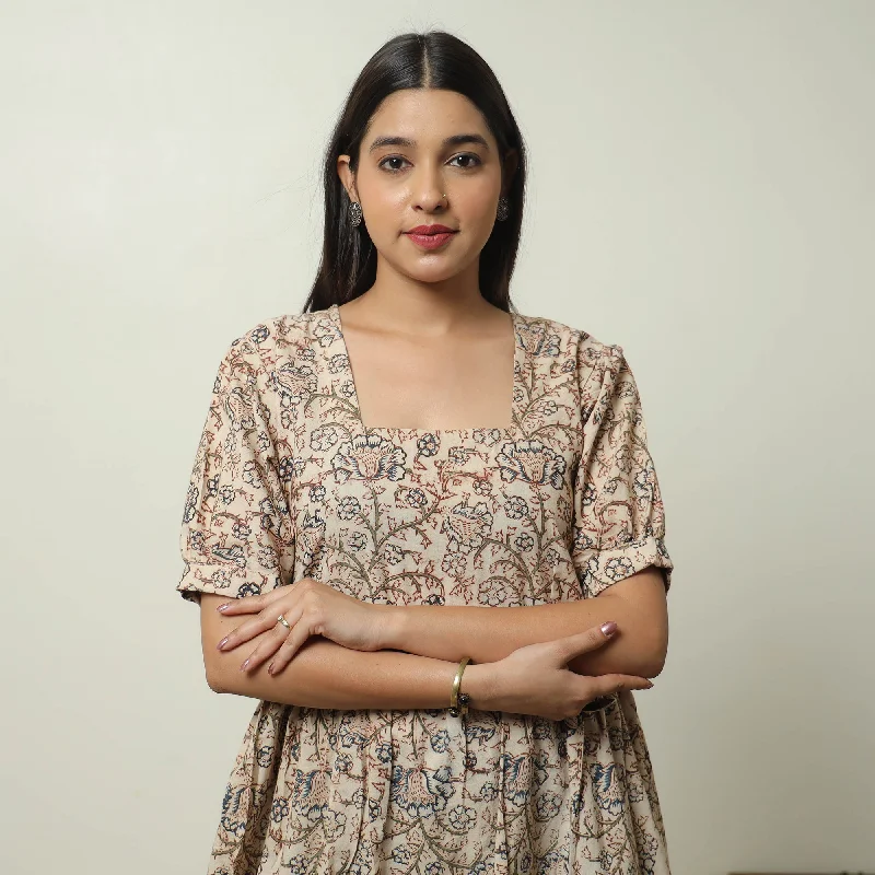 Sports Comfort Style Beige - Pedana Kalamkari Block Printed Cotton Tiered Dress 02