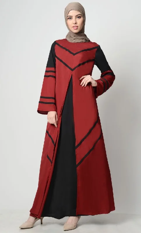 Designer Style Striped Color Contrast Abaya-Crimson