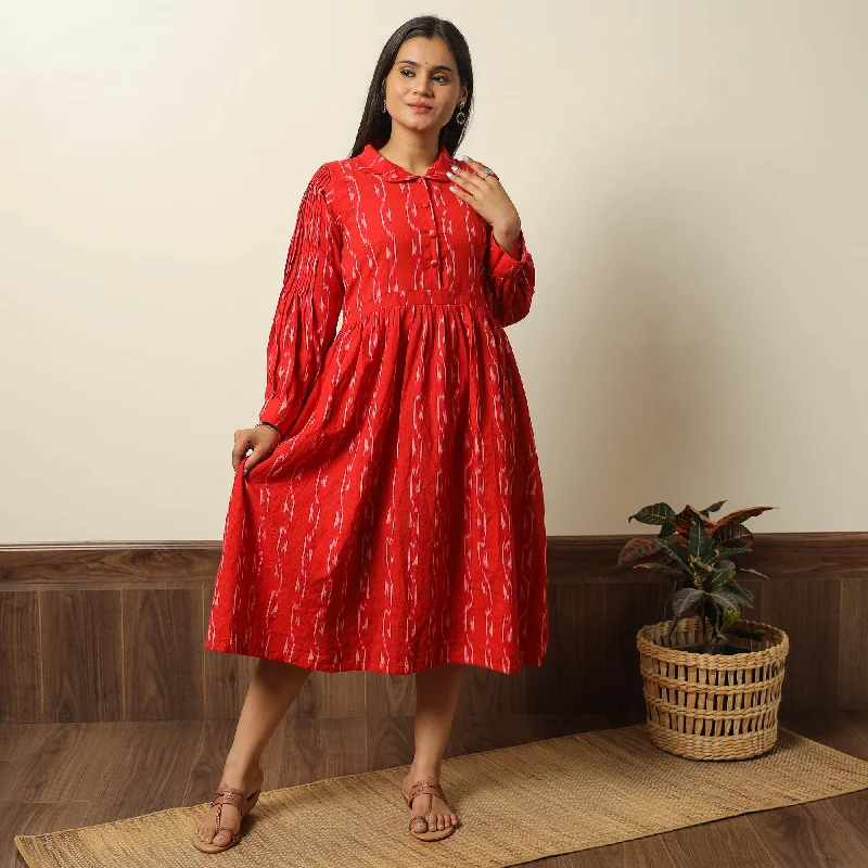 Casual Choice Red - Pochampally Ikat Weave Cotton Flared Dress 08