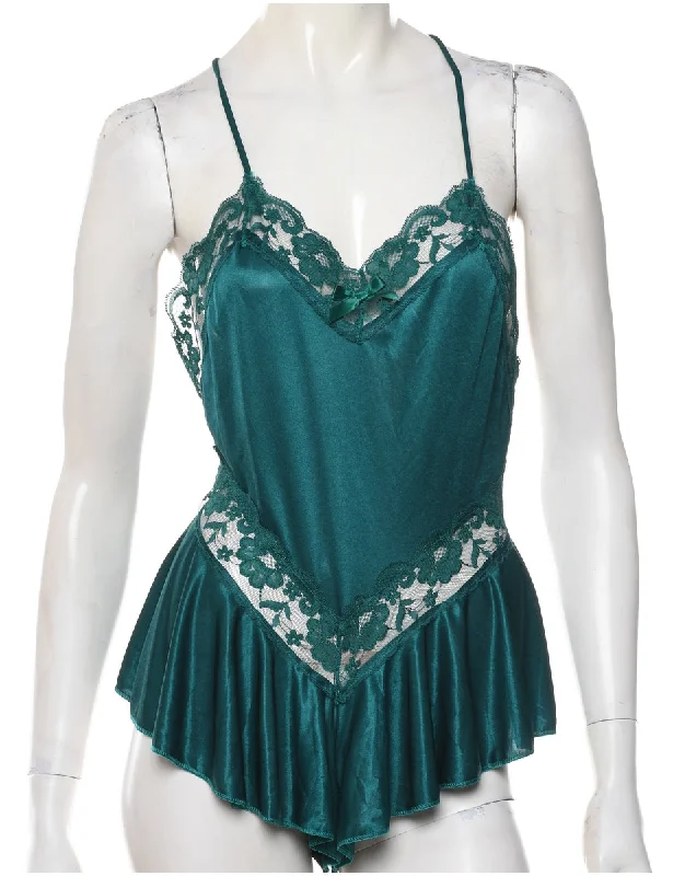 Trendy Wear Dark Green Ruffled Lace Bodysuit - S