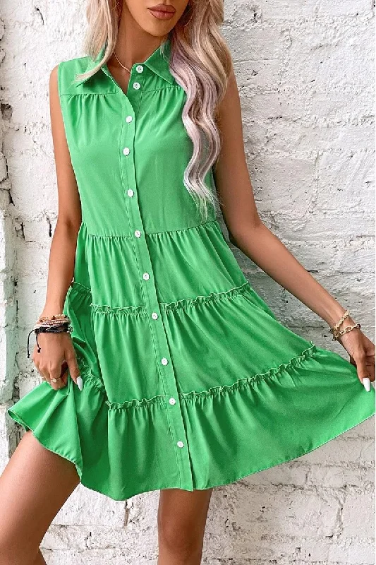 Everyday Style WRINKLED SLEEVELESS BUTTON UP COLLAR DRESS