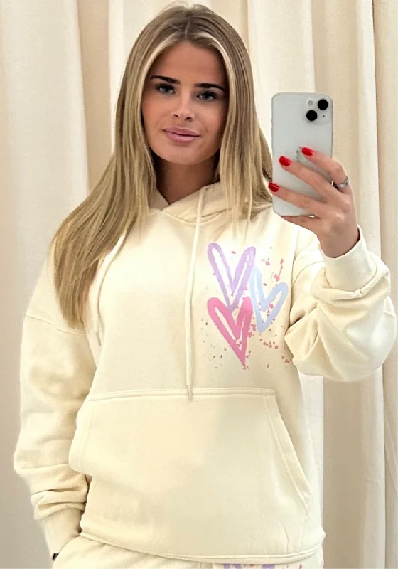 Chic Relaxation Miss Runway Pastel Heart Graffiti Hoodie Cream