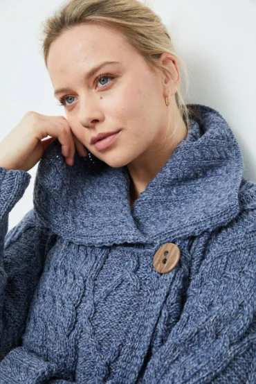 Fashionable And Versatile Aran - Merino Patchwork Cardigan - Denim Marl