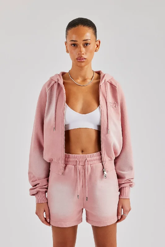 Street Fashion Style Washed Raglan Zip Through Hoodie - Pink