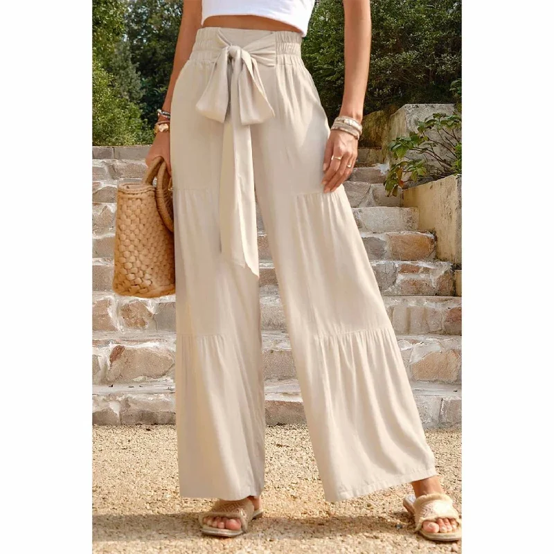 Ethnic Style Women's High Waist Knot Elastic Solid Pant In Beige
