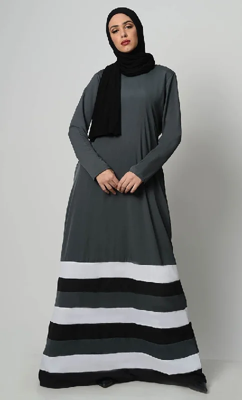 Fashion Style Multicolor Tier Matched Lining Abaya-Grey